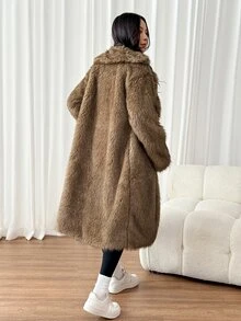 SHEIN PETITE Mantel Musim Dingin Wanita Model Baru Warna Cokelat Bulu Imitasi Panjang Sedang dengan Kerah - MultiWarna - View 4