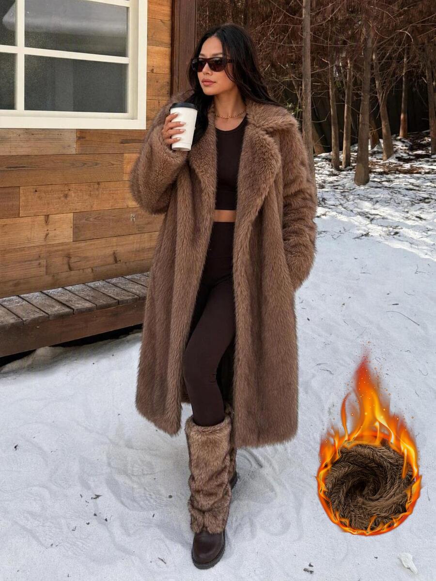 SHEIN PETITE Women's Winter New Brown Faux Fur Mid-Length Coat With Lapel - Multicolor - View 1
