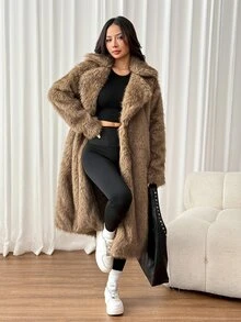 SHEIN PETITE Mantel Musim Dingin Wanita Model Baru Warna Cokelat Bulu Imitasi Panjang Sedang dengan Kerah - MultiWarna - View 6