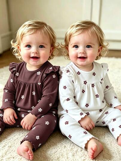 SHEIN 2pcs Baby Girls Long Sleeve Top Pants Cute Sweet Brown White Floral Ruffle Lettuce Trim Long Sleeve Round Neck Regular Holiday Fall Sweaters Pull Set