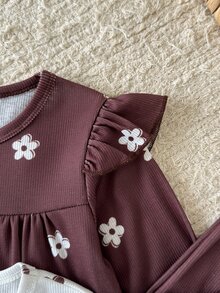 SHEIN 2件組女嬰長袖上衣褲套裝，可愛甜美棕色白色花卉荷葉邊波浪飾邊，圓領休閒秋季假期針織套裝 - 彩色 - 查看 6