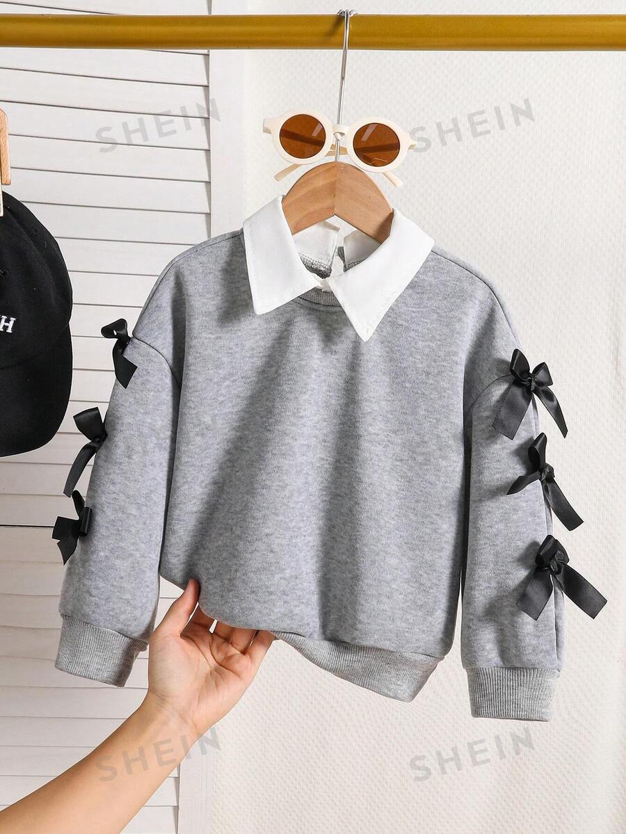 SHEIN Genkimix Kids 女童白色圓領衛衣 3D蝴蝶結,秋冬公主仙女套頭衫,7歲生日、職業日、返校新娘 - 灰色 - 查看 1