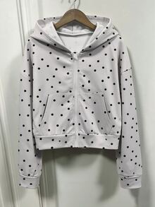 SHEIN Sparklyn 青少年女孩秋季學院風復古圓點印花美式校園風城市漫步街頭風休閒運動簡約寬鬆舒適衛衣戶外街拍校園慵懶風 - 淺灰色 - 查看 3