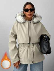 Pariaura Women's Beige Winter Parka With Faux Fur Trim Hood And Drawstring Waist And Functional Pockets - Beige - View 4