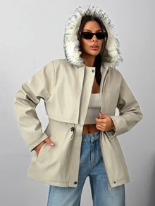 Pariaura Women's Beige Winter Parka With Faux Fur Trim Hood And Drawstring Waist And Functional Pockets - Beige - View 5