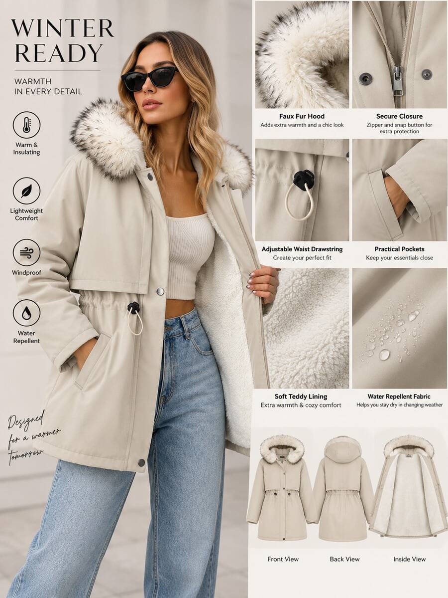 Pariaura Women's Beige Winter Parka With Faux Fur Trim Hood And Drawstring Waist And Functional Pockets - Beige - View 1