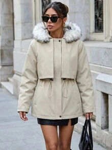 Pariaura Women's Beige Winter Parka With Faux Fur Trim Hood And Drawstring Waist And Functional Pockets - Beige - View 3