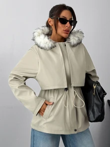Pariaura Women's Beige Winter Parka With Faux Fur Trim Hood And Drawstring Waist And Functional Pockets - Beige - View 6