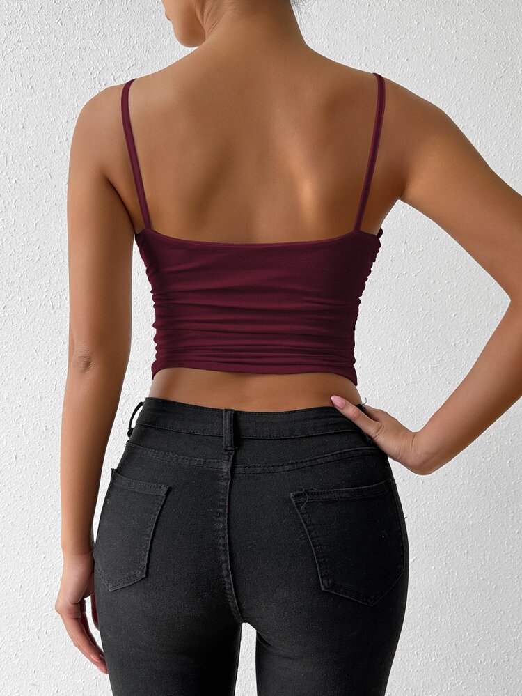Allurite Ankara Red V-Neck Criss-Cross Wrap Spaghetti Strap Tank Top, Ruched Slim Fit Cropped Top, Suitable For Beach Vacation, Summer Street Style, Photography, Beach Wear, Girls' Outing, Outdoor Music Festival, Store Visiting, Date Night, Nightclub Dancing, Picnic Party, Daily Commute Layering - Redwood - View 2