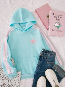 SHEIN 青少年女孩薄荷綠與粉色拼色抓絨內裡加厚連帽套頭衛衣，胸前星星圖案，袋鼠口袋，粉色條紋袖子，運動休閒風，適合學校、秋季、萬聖節與聖誕節 - 薄荷綠 - 查看 5