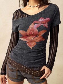 Bohemela Women's Floral Print Lace Patchwork 2 In 1 Top Everyday Date Pink And Grey Autumn Grunge - Black - View 6