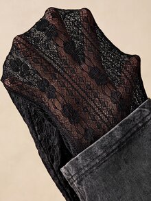 Bohemela Women's Floral Print Lace Patchwork 2 In 1 Top Everyday Date Pink And Grey Autumn Grunge - Black - View 8