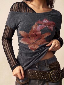 Bohemela Women's Floral Print Lace Patchwork 2 In 1 Top Everyday Date Pink And Grey Autumn Grunge - Black - View 4