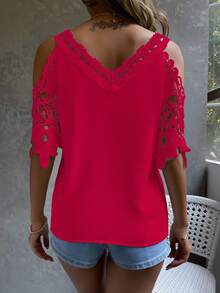 Breezaya Women's Contrast Lace Off-Shoulder Short Sleeve Loose Blouse Clothes For University - Red - View 2