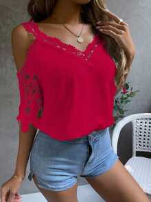 Breezaya Women's Contrast Lace Off-Shoulder Short Sleeve Loose Blouse Clothes For University - Red - View 4