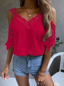 Breezaya Women's Contrast Lace Off-Shoulder Short Sleeve Loose Blouse Clothes For University - Red - View 5