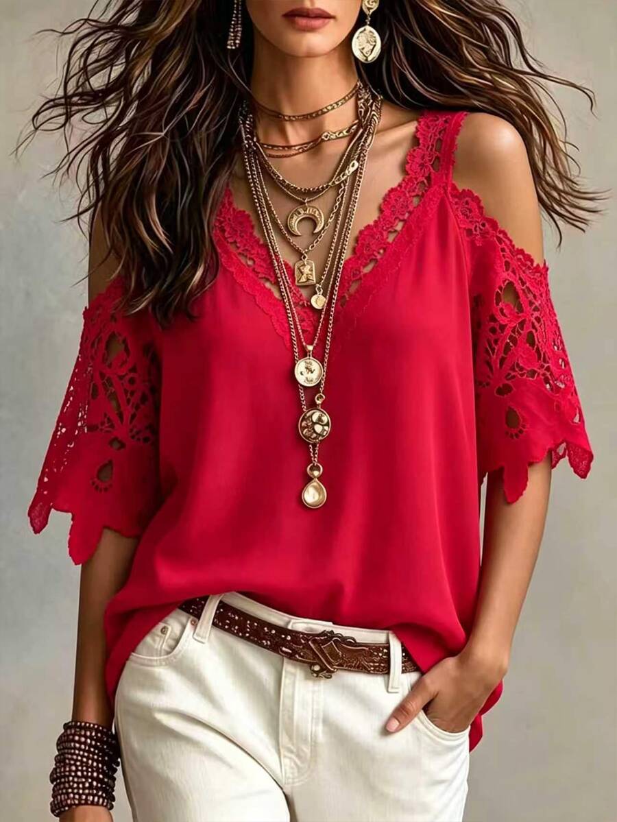 Breezaya Women's Contrast Lace Off-Shoulder Short Sleeve Loose Blouse Clothes For University - Red - View 1
