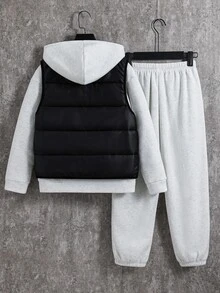 SHEIN 3件組買2送1兒童青少年男孩休閒百搭灰色花卉衛衣與運動長褲套裝，附保暖內裡加厚背心，百搭上衣，適合秋冬，絎縫外套，秋季穿搭，冬季穿搭，學校、家庭聚會、運動 - 彩色 - 查看 5