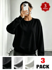 Elenzga 3pcs Plus Size Minimalist Casual Crew Neck Long Sleeve Sweatshirts - Multicolor - View 1