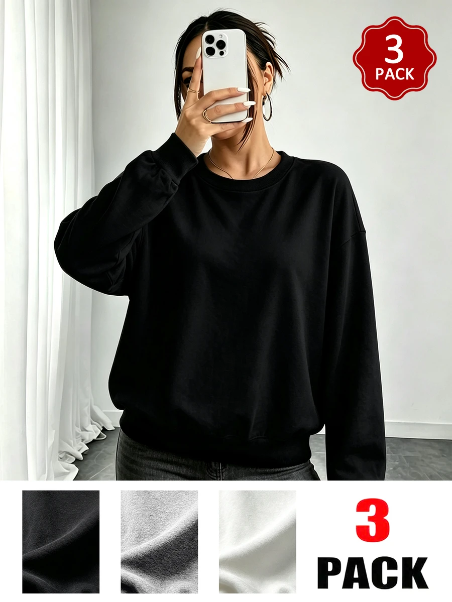 Elenzga 3pcs Plus Size Minimalist Casual Crew Neck Long Sleeve Sweatshirts - Multicolor - View 1