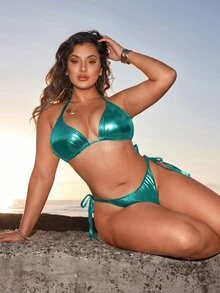 SHEIN Swim مجموعة ملابس سباحة بيكيني بحمالة معدنية وربطة وفتحة جانبية بمقاس كبير، ملابس شاطئ للنساء لعطلة الصيف على الشاطئ - الأزرق - مشاهدة 4