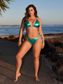 SHEIN Swim مجموعة ملابس سباحة بيكيني بحمالة معدنية وربطة وفتحة جانبية بمقاس كبير، ملابس شاطئ للنساء لعطلة الصيف على الشاطئ - الأزرق - مشاهدة 3