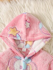SHEIN Tween女孩秋冬休閒居家連帽睡袍，甜美卡通獨角獸月亮星星印花，加厚抓絨珊瑚絨兒童睡衣，粉色 - 淺粉色 - 查看 3