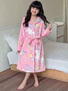 SHEIN Tween女孩秋冬休閒居家連帽睡袍，甜美卡通獨角獸月亮星星印花，加厚抓絨珊瑚絨兒童睡衣，粉色 - 淺粉色 - 查看 6
