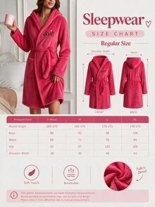SHEIN Cottnline رداء منزلي نسائي أحمر فروي مع تطريز تفاصيل الحب، أكمام طويلة، دافئ ومريح مع حزام - الأحمر - مشاهدة 3