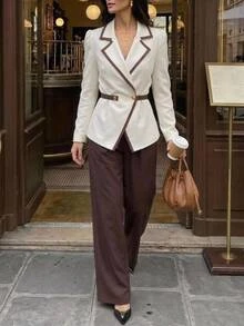 Aloruh Women's Colorblock Trim Waist-Cinched Peplum Blazer + Wide Leg Suit Pants Set - Multicolor - View 2