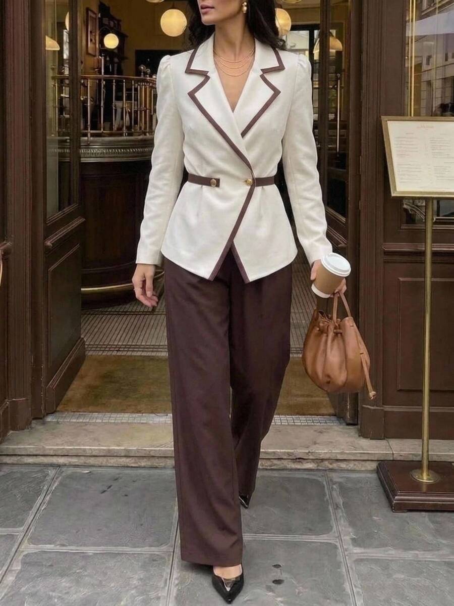 Aloruh Women's Colorblock Trim Waist-Cinched Peplum Blazer + Wide Leg Suit Pants Set