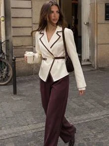 Aloruh Women's Colorblock Trim Waist-Cinched Peplum Blazer + Wide Leg Suit Pants Set - Multicolor - View 11