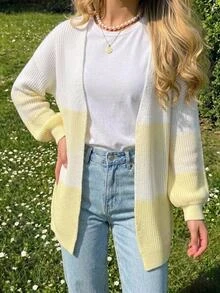 SHEIN 青少年女孩白色與黃色漸層拼色V領針織開襟衫，粗針花瓣袖毛衣外套，休閒可愛秋季外穿外套 - 黃色 - 查看 8