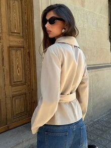 Aloruh 女款春秋休閒法式優雅雙排扣風衣外套 教師節辦公米色 - 杏色 - 查看 3