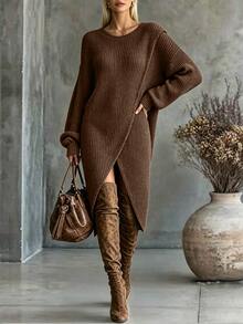 EMERY ROSE Women's Casual Solid Color Wrap Sweater, Autumn/Winter Knit Pullover Fall - Brown - View 3
