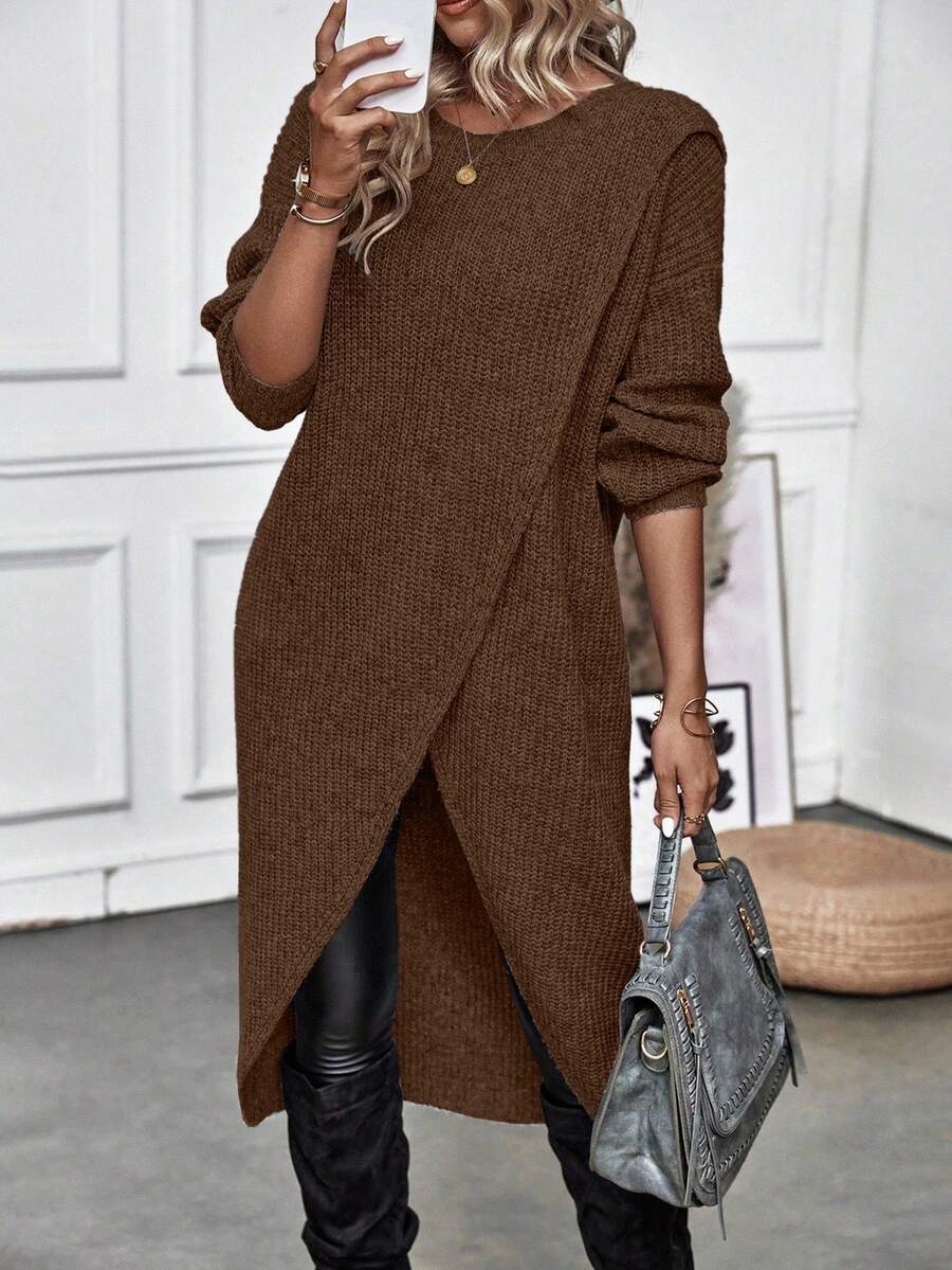 EMERY ROSE Women's Casual Solid Color Wrap Sweater, Autumn/Winter Knit Pullover Fall - Brown - View 1
