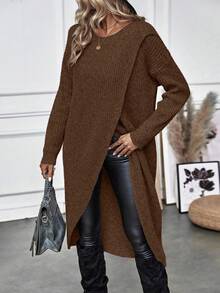 EMERY ROSE Women's Casual Solid Color Wrap Sweater, Autumn/Winter Knit Pullover Fall - Brown - View 5