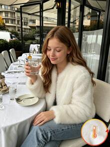 SHEIN 青少年女孩溫柔奶油白毛絨短夾克，蓬鬆長毛質感圓領外套，寬鬆短版秋季可愛貓眼風 - 米色 - 查看 6