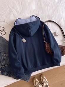 SHEIN Sparklyn Tween女孩海軍藍寬鬆連帽衛衣，保暖秋季/冬季，時尚百搭休閒風，抓絨內裡，舒適日常穿著，拉鍊設計，街頭風 - 藏蓝色 - 查看 2