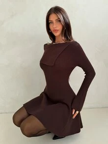Aloruh Gaun Rajut Elegan Wanita Warna Polos Lengan Lonceng Tanpa Bahu - Purple - View 9