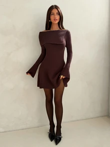 Aloruh Gaun Rajut Elegan Wanita Warna Polos Lengan Lonceng Tanpa Bahu - Purple - View 5
