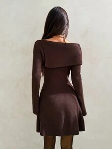 Aloruh Gaun Rajut Elegan Wanita Warna Polos Lengan Lonceng Tanpa Bahu - Purple - View 2