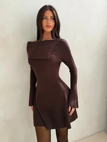 Aloruh Gaun Rajut Elegan Wanita Warna Polos Lengan Lonceng Tanpa Bahu - Purple - View 7