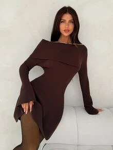 Aloruh Gaun Rajut Elegan Wanita Warna Polos Lengan Lonceng Tanpa Bahu - Purple - View 4
