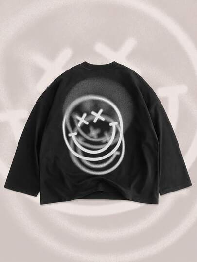 S.W.Smiley X ROMWE 2026 Spring/Summer New Smiling Face IP Pattern Men's 3/4 Sleeve Top, Unisex Couple Style Women's Casual Fashion Streetwear Crew Neck Top