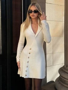 Aloruh Women's Solid Color Shawl Collar Long Sleeve Single-Breasted Knit Dress - Khaki - View 3