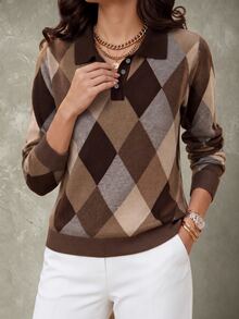 GlowEve CURVE Plus Size Women's Diamond Pattern Polo Collar Long Sleeve Casual Pullover Sweater Winter - Coffee Brown - View 3