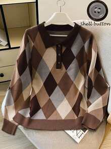 GlowEve CURVE Plus Size Women's Diamond Pattern Polo Collar Long Sleeve Casual Pullover Sweater Winter - Coffee Brown - View 5