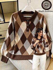 GlowEve CURVE Plus Size Women's Diamond Pattern Polo Collar Long Sleeve Casual Pullover Sweater Winter - Coffee Brown - View 1