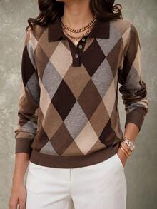 GlowEve CURVE Plus Size Women's Diamond Pattern Polo Collar Long Sleeve Casual Pullover Sweater Winter - Coffee Brown - View 4